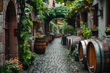 Naklejka premium Charming European alley with wooden barrels, lush greenery, and flowers decorating the stone pathway