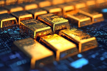 Close-up of golden bars on a digital keyboard, symbolizing wealth and technology in a modern financial context.