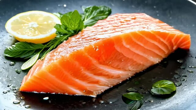 closeup view raw salmon trout steak garnished rbs lemon beautifully rotated slate surface emphasizing althy seafood cooking concept slow motion 4K UHD fish red rb spice basil black cookery diet