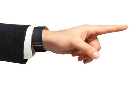 Businessman's hand in a suit sleeve pointing sideways with an index finger, suggesting direction, command, or instruction. isolated PNG transparent background.