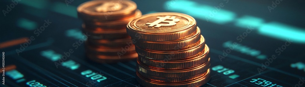 Poster close-up of stacked bitcoin coins on a digital currency trading interface, symbolizing cryptocurrenc