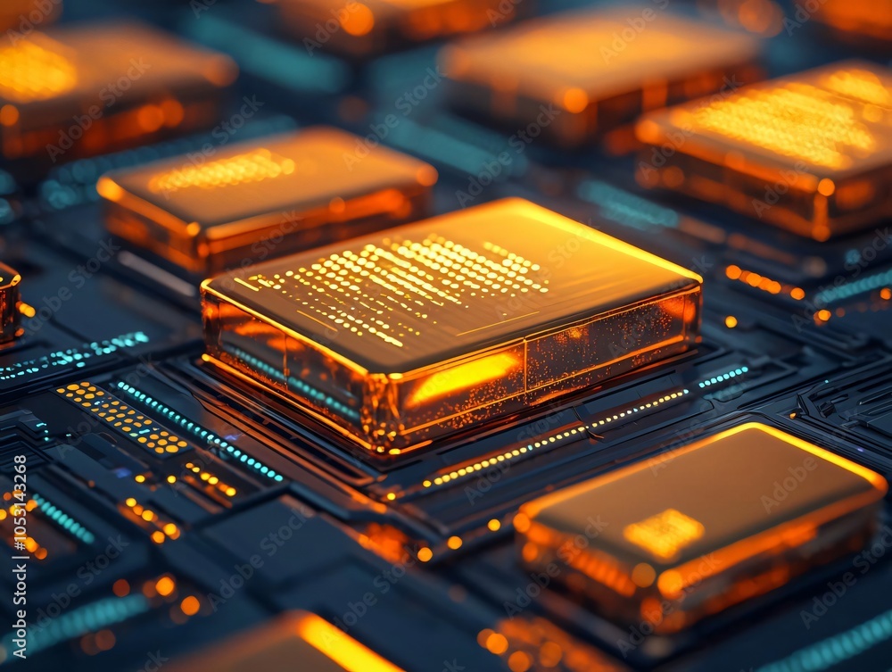 Poster close-up view of glowing electronic chips on a circuit board, showcasing the intricate details and v
