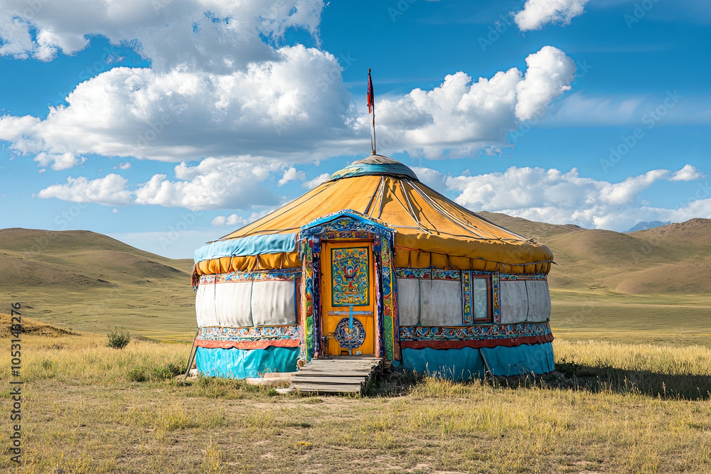 Wall mural A Mongolian yurt in the vast steppes, with colorful interiors and traditional decorations