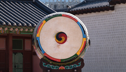 Korean traditional drum called buk, with Taegeuk symbol, Seoul, South Korea