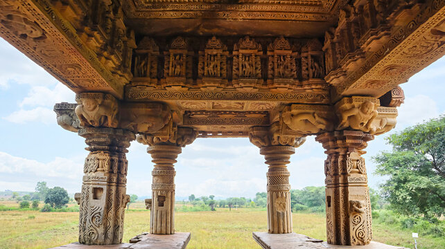 View of the intricately carved pillars and mandapa (pillared hall) of Toteshwara Mahadev Temple, located in Kadwaya, Ashoknagar, Madhya Pradesh, India.