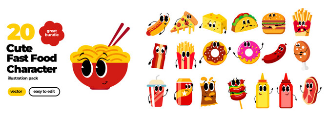 Collection of cute fast food character food kawaii style illustration 
