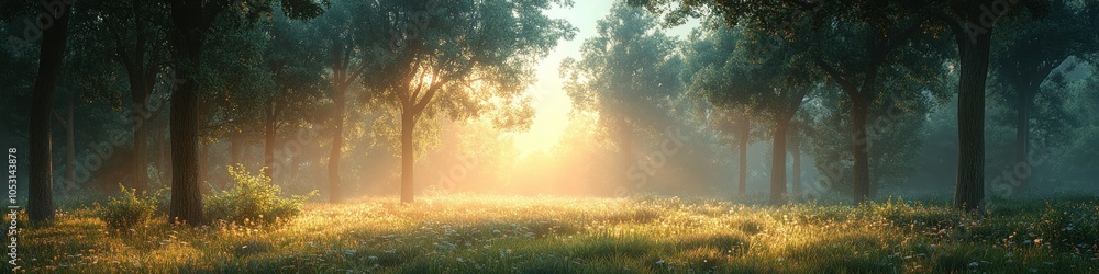 Poster serene forest scene with sunlight filtering through trees.