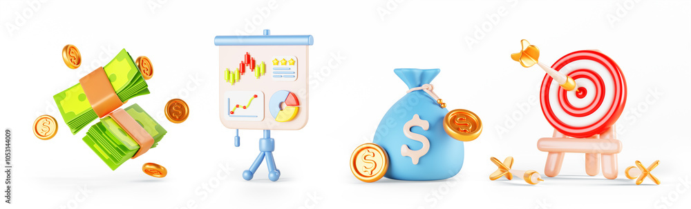 Poster business and finance 3d render icon set. isolated flip chart with data graphs, target darts with arr