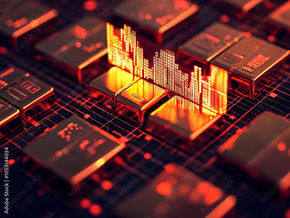 Poster futuristic data visualization on a computer circuit board, showcasing vibrant orange graphic element
