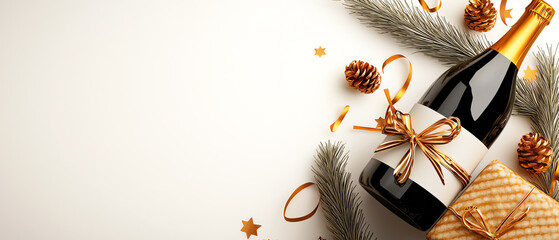 Celebrate the new year with elegance a stylish banner featuring festive decorations and a bottle of champagne
