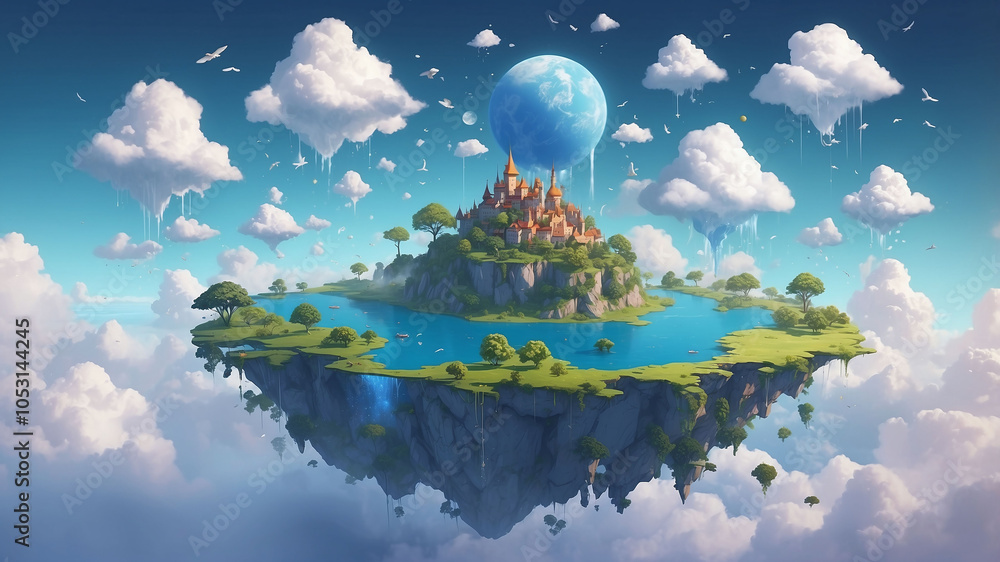 Poster concept of dreams visualized as floating islands in a cloud-filled sky