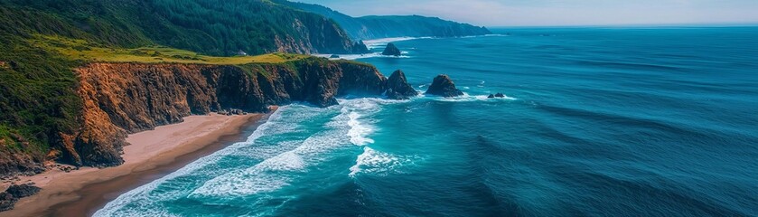 Fototapeta premium A stunning aerial view of a rugged coastline featuring cliffs, sandy beaches, and vibrant blue ocean waves under a clear sky.