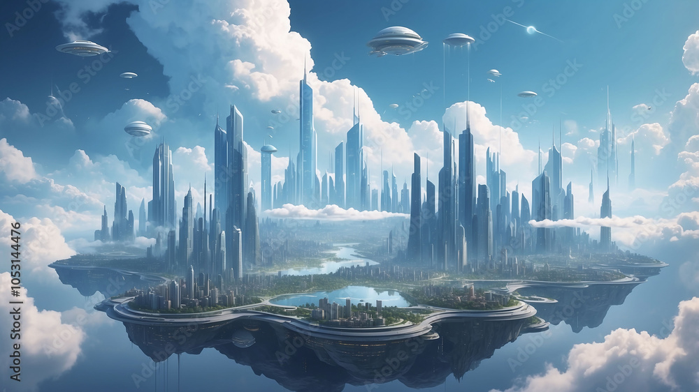 Poster concept of the future visualized as a city floating above the clouds
