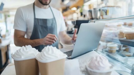 A barista working on a laptop at a cafe, with delicious ice cream cups in the foreground, showcasing a modern coffee shop environment.