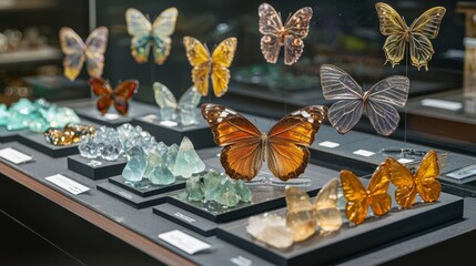 Butterfly collection with sugar crystal transformation displayed in boxes