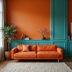 Luxurious Living Room with Vibrant Sofa Orange