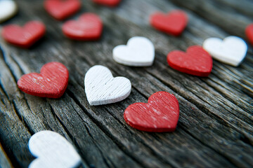 Fototapeta premium Red and white hearts scattered on a wooden table