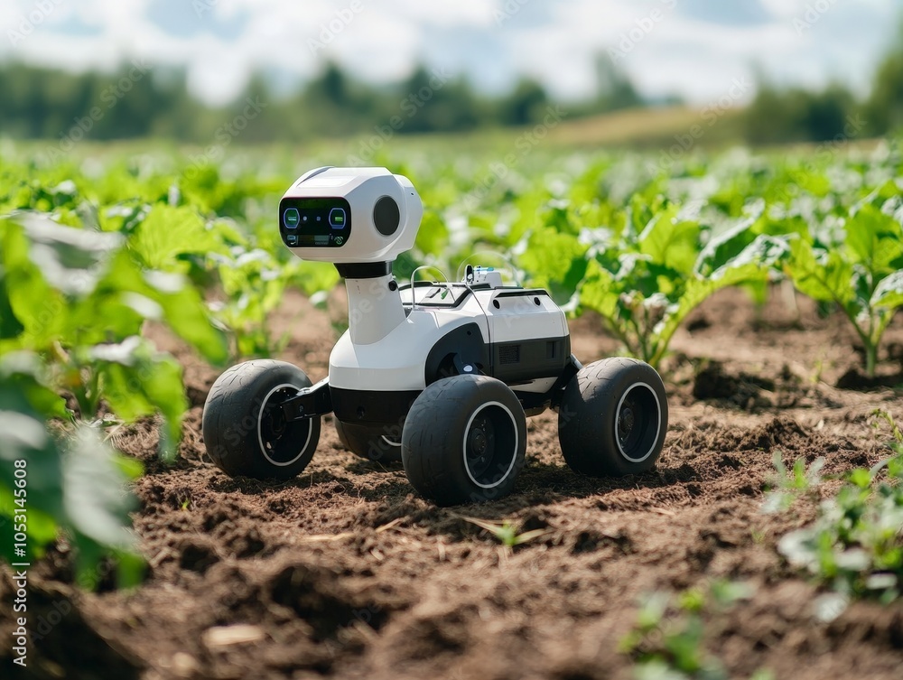Aufkleber an ai-powered agricultural robot analyzing crops and providing real-time data on soil conditions, gr