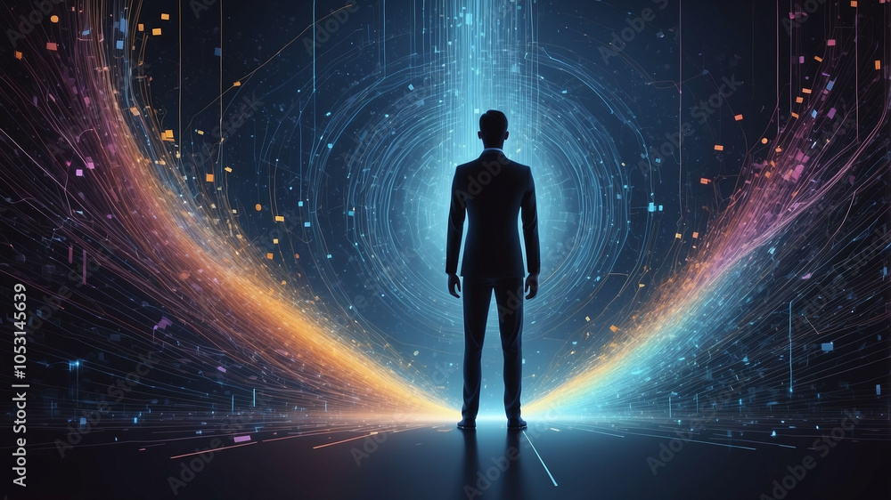 Aufkleber concept of the digital age represented by a figure surrounded by data streams