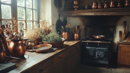 Colonial kitchen with herb drying copper pots hearth cooking