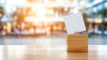 A blank sign on a wooden holder in a bright, modern setting, perfect for promotional displays or informational purposes.