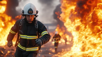 Naklejka premium A brave firefighter rushes toward danger, battling flames in a dramatic scene of heroism and courage against a fiery backdrop.