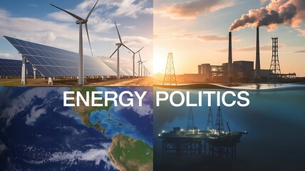 Energy Politics: A powerful visual representation of the complex world of energy politics, with contrasting images of renewable and non-renewable energy sources.