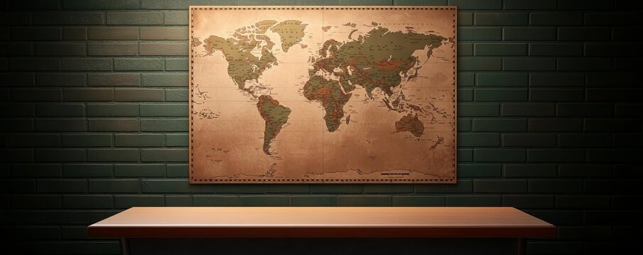 A vintage world map displayed on a dark green wall, highlighting various countries and continents, creating a nostalgic travel ambiance.