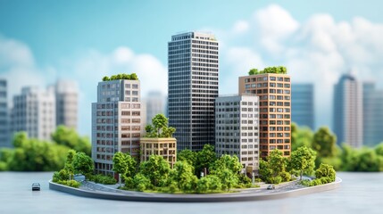 A miniature city model with green roofs and trees, set against a blue sky and white clouds.