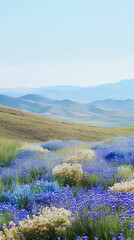 Fototapeta premium Generate a tranquil morning scene with rolling blue hills and wildflowers
