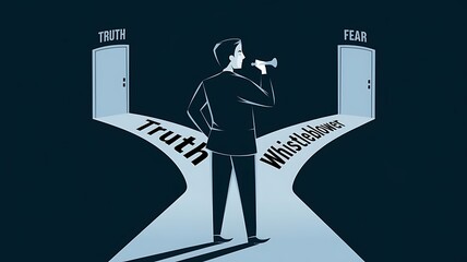 Whistleblower's Dilemma: A man stands at a crossroads, choosing between truth and fear, symbolizing the courage and risk involved in whistleblowing.  
