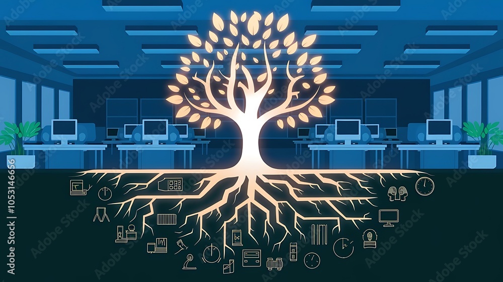 Poster growing business: conceptual illustration of a tree with roots representing various business functio