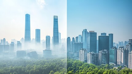 Fototapeta premium A city skyline with both smog and clear skies in two halves, symbolizing the impact of climate change,