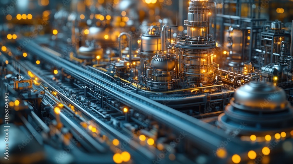 Poster industrial landscape with glowing structures and intricate pipelines.
