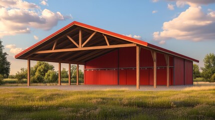 A classic agricultural industrial hangar tent featuring rustic wooden beams and a barn-style roof. 