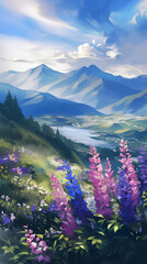 Illustrate distant blue mountains with vibrant purple and pink flowers in the foreground