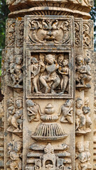 Carvings of dancers and Kirtimukha (mythical creatures) on the toran of Mohajmata Temple, located in Terai, Shivpuri, Madhya Pradesh, India.