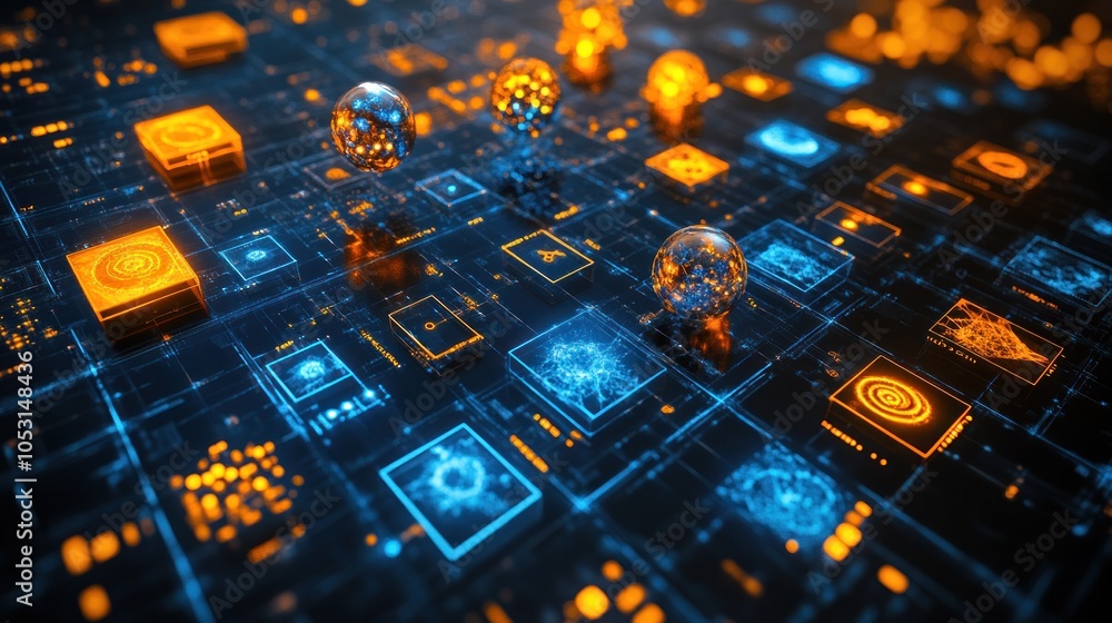 Poster abstract digital landscape with glowing nodes and circuits.
