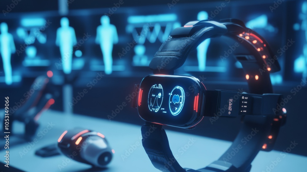 Poster futuristic smartwatch & tech: a sleek, futuristic smartwatch with glowing red displays, in a high-te