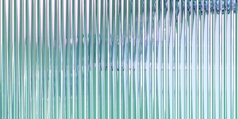3d fluted ribbed transparent glass background. Abstract corrugated vertical line pattern with blue green gradient texture render. Crystal light reeded translucent wave stripes on wall. 3D illustration © marozhkastudio