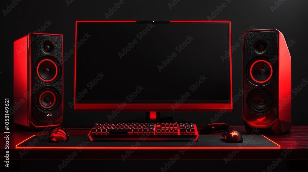 Poster a bold red gaming computer paired with desk speakers and keyboard, illuminated by a stylish speaker 