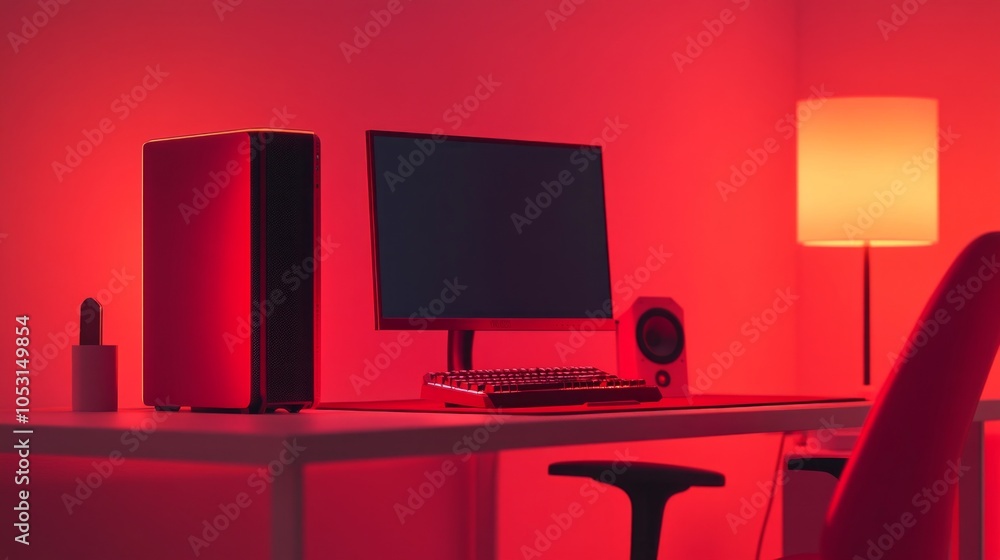 Poster bright red gaming computer on a compact table with rgb keyboard and speakers, next to a chair and gl