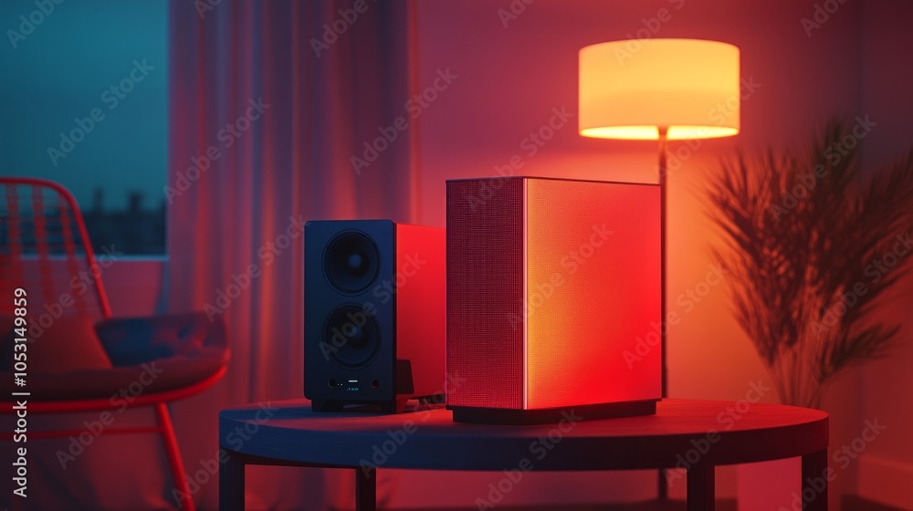 Poster bright red gaming computer on a compact table with rgb keyboard and speakers, next to a chair and gl