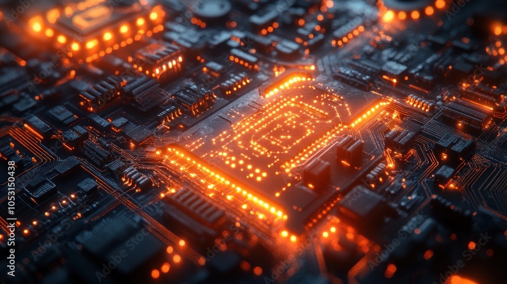 Poster close-up of a glowing circuit board with intricate components.