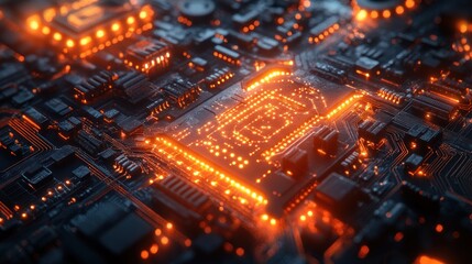 Obraz premium Close-up of a glowing circuit board with intricate components.