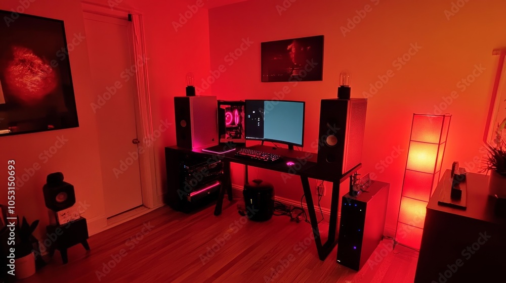 Poster neat gaming setup with a striking red pc, matching speakers, and a glowing lamp, creating a stylish 