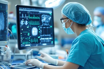 A healthcare professional analyzes medical data on a computer, showcasing modern technology in a clinical environment.