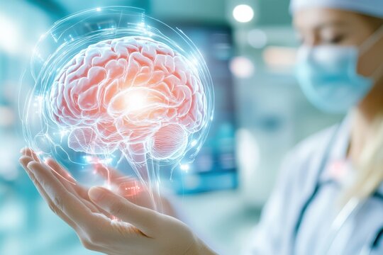 A healthcare professional holding a glowing 3D model of a brain, symbolizing medical advancements and neuroscience study.