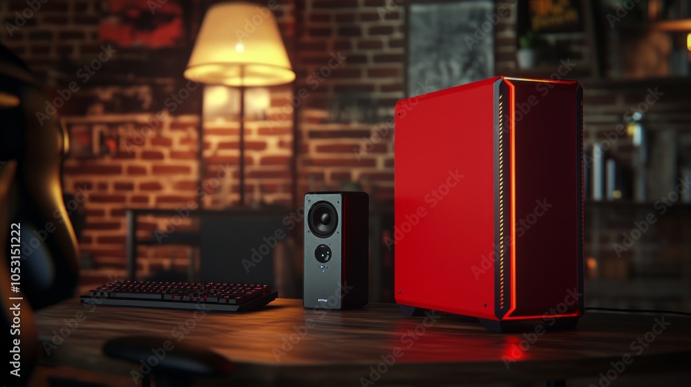 Poster stylish red gaming pc on a table with a glowing keyboard and desktop speakers, next to a lamp and ga
