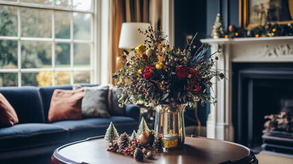 Christmas decor, country cottage style house decoration for an English countryside home interior design, winter wreath holiday botanical arrangements and festive atmosphere, Merry Christmas and Happy